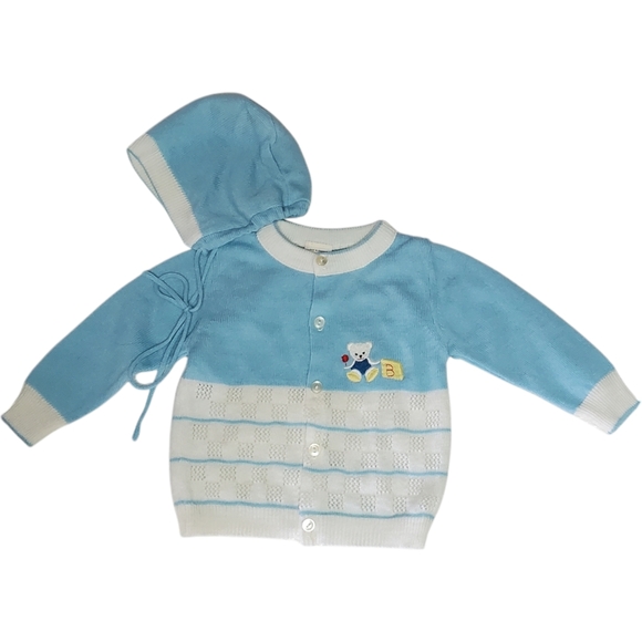 Vintage Baby Togs 2 Piece Knit Cardigan with Matching Hat Blue|White 6-9M - Picture 1 of 4